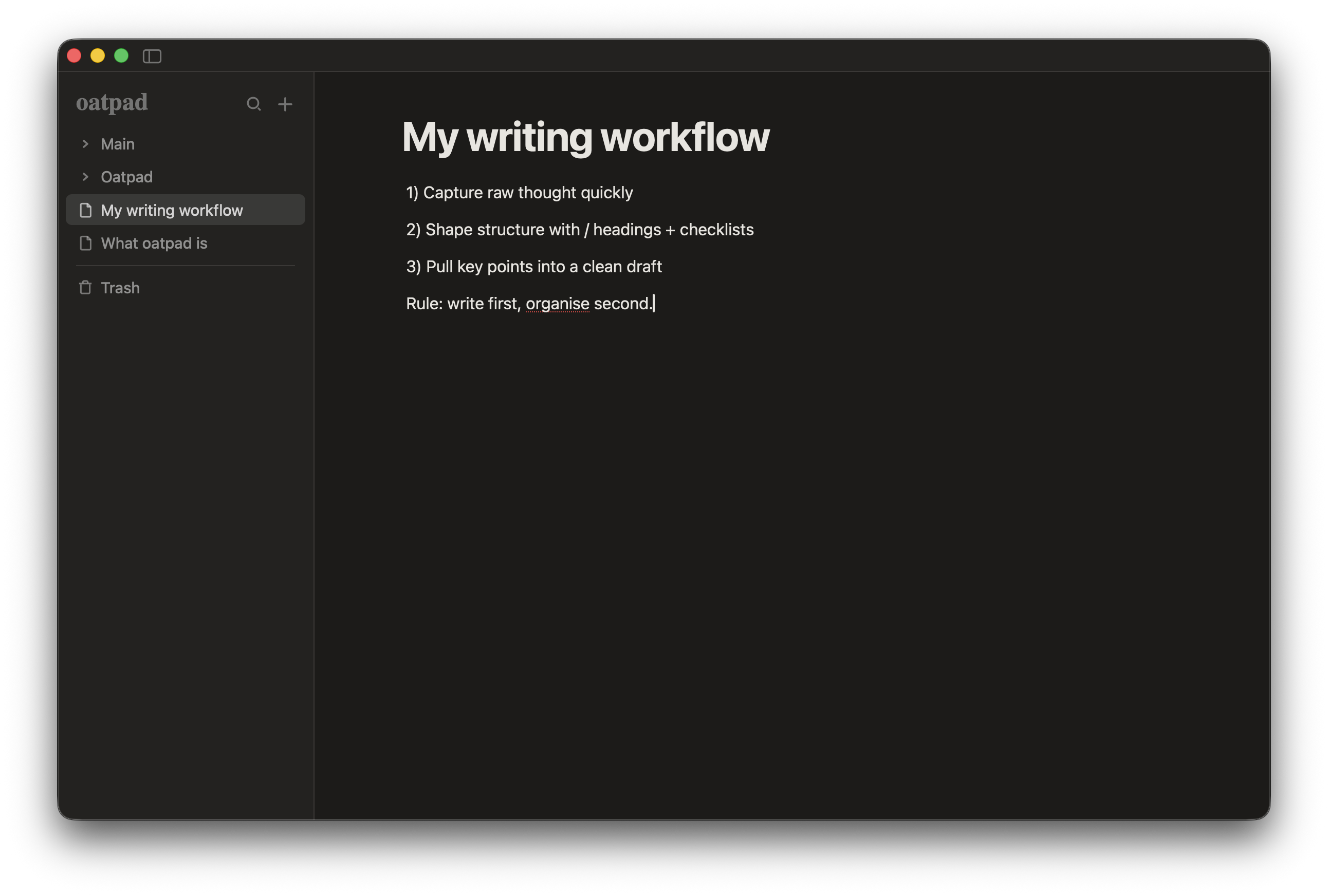 oatpad note with a simple writing workflow outline