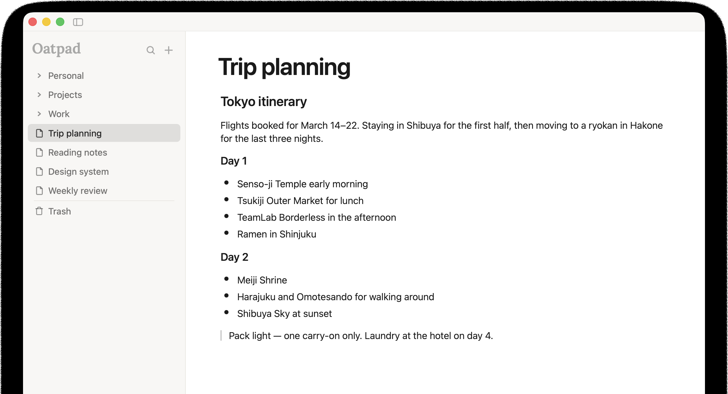 Screenshot of Oatpad showing a trip planning note